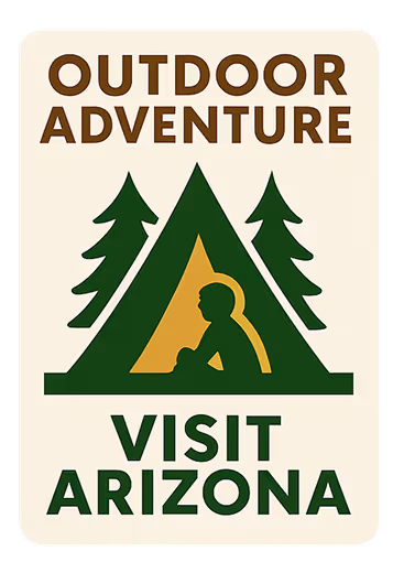 Vintage travel poster with camping tent and trees promoting Arizona adventure